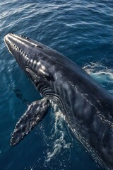 Fototapeta premium A majestic blue whale gliding through the deep ocean waters, surrounded by schools of fish and illuminated by shafts of sunlight from above. Generative AI