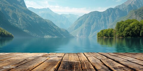 Fototapeta premium Wooden Stand at the Bottom of the Screen with Mountain Background