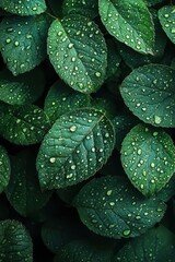 Fototapeta premium Fresh Green Leaves with Dew Drops - Nature's Beauty Captured in High Definition