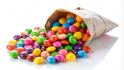Colorful candies spilling out of a partially opened bag, showcasing a variety of bright hues and shapes, against a clean white background.
