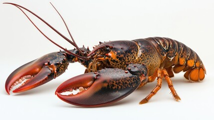 A high-resolution image of a large lobster on a white background, displaying its textured shell, long antennae, and strong claws, emphasizing its robust and detailed features