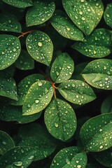 Fototapeta premium Close-up of Fresh Green Leaves with Water Droplets After Rain in a Lush Garden
