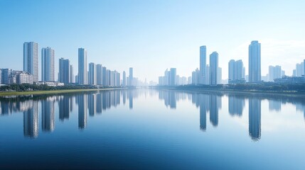 Fototapeta premium A panoramic view of a city with skyscrapers and smaller buildings along a wide river, their reflections creating a symmetrical effect in the water. The sky is clear and expansive.