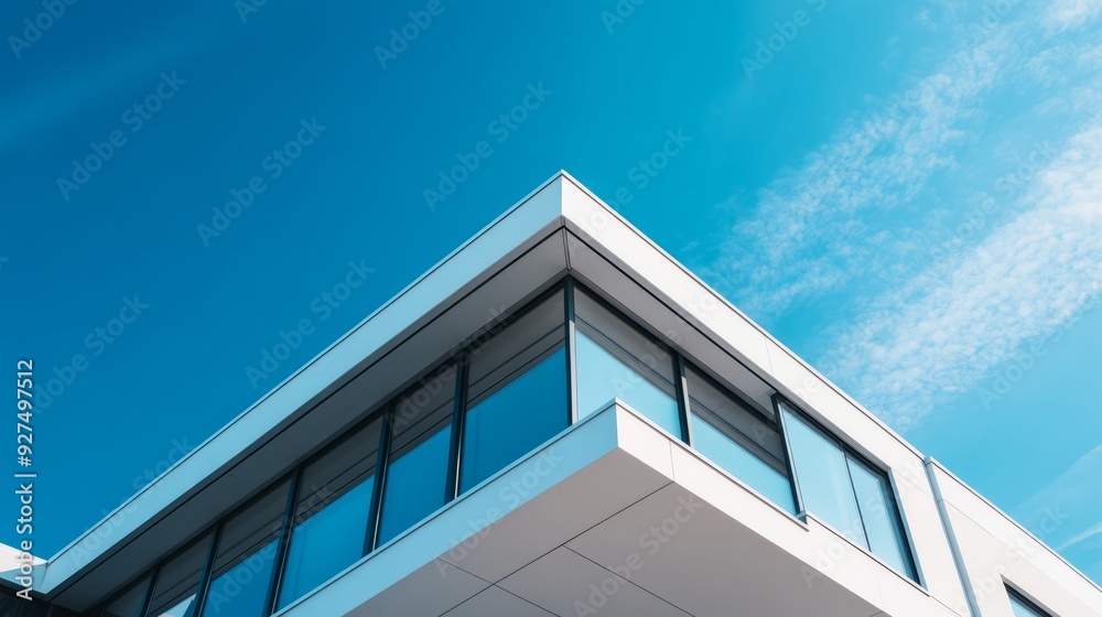 Canvas Prints Modern white building with large windows against a blue sky.