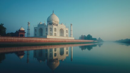 Obraz premium A serene view of the Taj Mahal, India, with its reflection shimmering in the river below. The bright daylight enhances the white marble, creating a stunning contrast with the clear sky