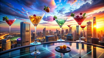 Colorful digital drinks and garnishes float above a sleek, futuristic cityscape at sunset, blending physical and virtual realities in a futuristic cocktail party scene.