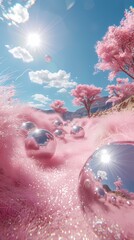 Fototapeta premium Digital pink acrylic sphere grass sea poster background