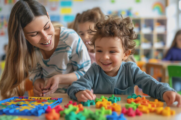 Fototapeta premium Teacher and toddler playing with maths puzzle game sitting on the table at kindergarten.