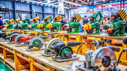 Colorful display of heavy-duty power tools including circular saws and angle grinders at a bustling international trade exhibition in Guangzhou, China.