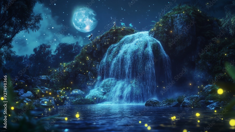 Poster Mystical waterfall in a moonlit forest with glowing fireflies and fairies.