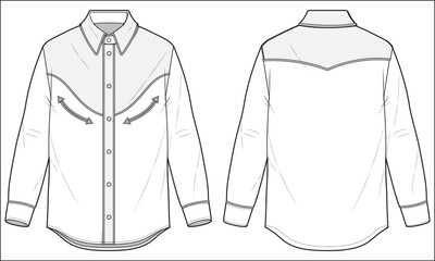 Men's Western shirt flat sketch illustration front and back view, double patch pocket long sleeve Denim shirt for casual wear cad drawing vector template mock up