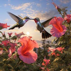 Obraz premium AI generator image of hummingbird It is flying and eating nectar from flowers that grow near the waterfall stream.