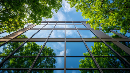 A modern building reflecting the blue sky and greenery, showcasing harmony between urban architecture and nature.