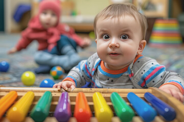Obraz premium two toddlers playing with balls and a xylophone sitting on the floor at the kindergarten.
