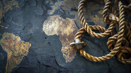 International Day for the Abolition of Slavery. Horizontal banner. Copy space. Twisted rope on world map background. Day against trafficking in person. Black History Month. Remembrance of slave trade