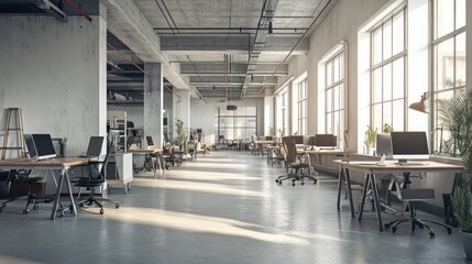 Modern office space with rows of desks featuring computers, ergonomic chairs, sunlit by large windows, reflecting a contemporary, open-plan workplace design.