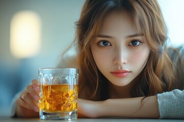 Young Asian Woman Seated at a Table Near a Stop Sign, Eyeing a Glass of Whiskey Held by a Man in a Living Room – Real Photograph of Alcohol Awareness Concept

