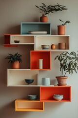 A stylish wall shelf arrangement with colorful boxes, plants, and decorative pottery, ideal for modern home decor.