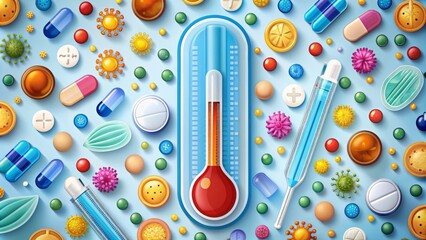 Colorful illustration of a thermometer with rising mercury and surrounding icons of medicine, pills, and a mask, representing a high fever and illness.
