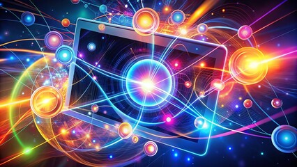Obraz premium Colorful illustration of a stylized web browser with vibrant glowing lights and abstract shapes, surrounded by swirling lines and circles, depicting digital connection.