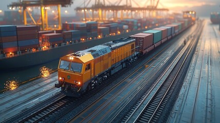 A vibrant cargo train maneuvering through a busy port at sunset, transporting containers for global trade.