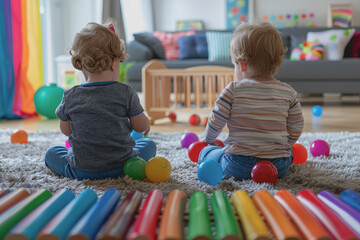 two toddlers playing with balls and a xylophone sitting on the floor at the kindergarten.