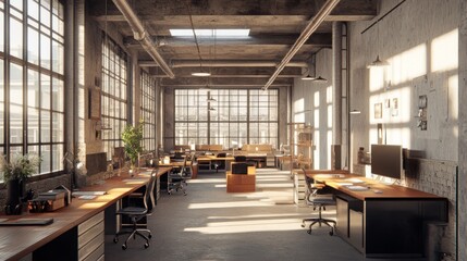 A spacious, sunlit industrial-style office with large windows, wooden desks, and exposed beams, evoking a modern, creative workplace atmosphere.