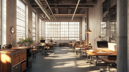 Spacious, sunlit industrial office with wooden desks, computers, and exposed ceiling, offering a modern yet rustic workspace aesthetic with large windows.