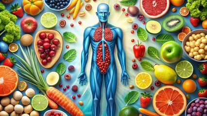 Colorful illustration of the human immune system with vitamin capsules and fruits surrounding it, highlighting the importance of nutrition for overall wellness.