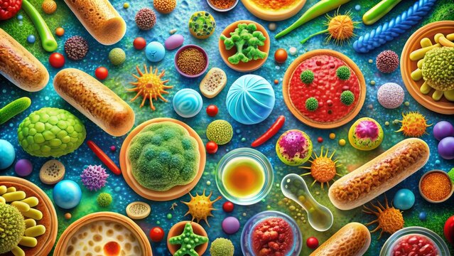 Colorful illustration of various microorganisms such as bacteria, yeast, and mold growing on different types of food, highlighting the importance of food safety and hygiene.