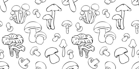 Vector seamless pattern with outlines of mushrooms in doodle style. Line art autumn background. Thanksgiving design. Concept of forest, leaf fall, nature.