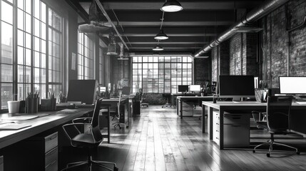 Modern office space with multiple desks and computers, large windows, industrial-style ceiling, and a monochrome color scheme, exuding a contemporary and professional atmosphere.