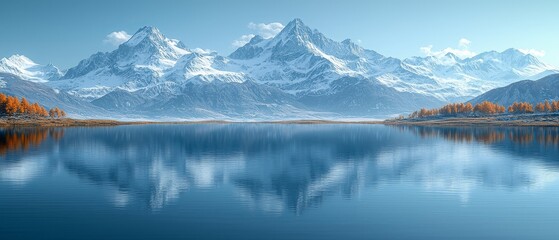 Fototapeta premium Breathtaking landscape featuring snow-capped mountains reflecting in a tranquil lake under a clear blue sky.