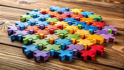 Colorful interlocking hexagonal shapes form a complex jigsaw puzzle, scattered across a wooden table, with a few pieces connected, awaiting completion.