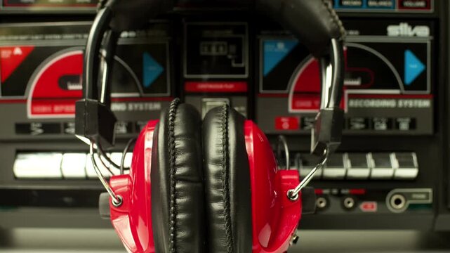 retro headphones with ghetto blasters in background