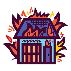 House on fire colorful icon illustration isolated on square white background. Simple flat outlined cartoon art styled drawing.