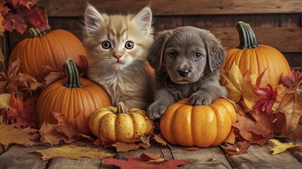An adorable cat and dog duo, nestled among pumpkins and fall leaves, sitting on an autumn-themed floor.