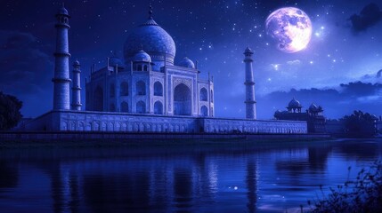 Obraz premium The Taj Mahal, India, glowing under a full moon with a starry night sky, its reflection shimmering in the calm river. The peaceful scene exudes a mystical and serene atmosphere.