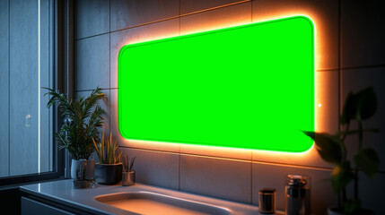 Modern bathroom with illuminated mirror showcasing a vibrant green space, perfect for digital advertising and design purposes.