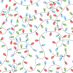 Festive String Lights Seamless Pattern on White Background