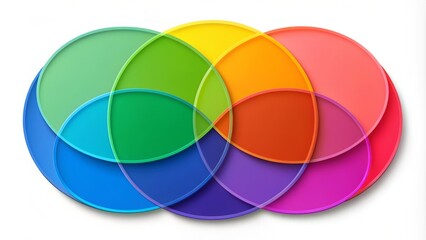 Fototapeta premium Colorful overlapping circles forming a Venn diagram on a white background, representing relationships, intersections, and sets in a creative and visually appealing way.