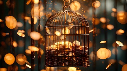 Obraz premium Golden Coins in a Birdcage.