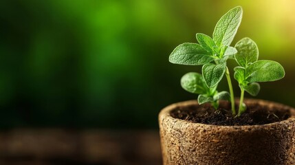 Small green plant emerging from a natural pot, symbolizing growth and renewal in a vibrant, lush environment.