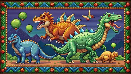 Colorful pixel art illustration of friendly dinosaurs, including a T-Rex, Triceratops, and Stegosaurus, surrounded by digital elements and ornate borders in a retro arcade style.