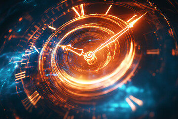 A clock with roman numerals and a red and orange glow