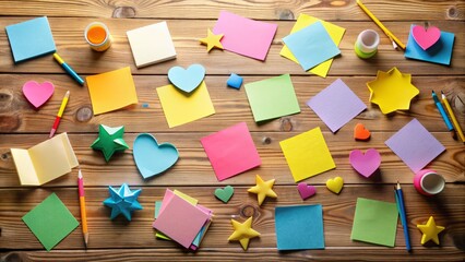 Colorful realistic sticker notes of various shapes and sizes scattered on a wooden desk, creating a playful and creative workspace atmosphere.