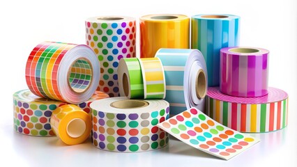 Colorful rolls of stickers and labels in various shapes and sizes sit on a white background, waiting to be used for organization and identification purposes.