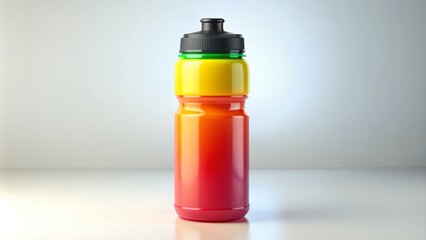 Colorful sports drink bottle with a Sweat-defying cap and vibrant label, sitting alone on a white background, evoking refreshment and athletic performance.