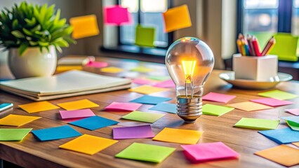 Colorful sticky notes and markers scattered on a creative workstation, surrounding a lightbulb idea, symbolizing innovative brainstorming and problem-solving through design thinking.