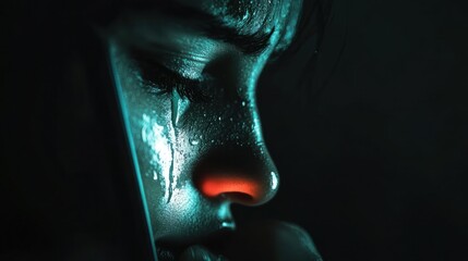 Obraz premium Close-Up Portrait of a Woman With Tears on Her Face